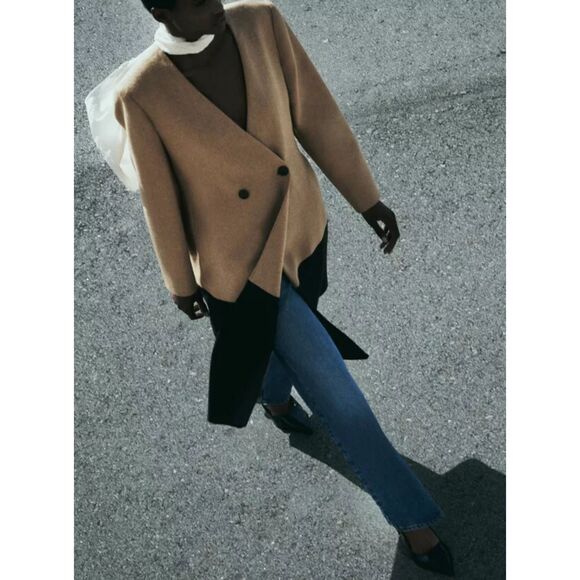 Camel Brown Black Zara Wool-Blend Double Breasted V-Neck Long Sleeve Coat (NWT) - Picture 8 of 11